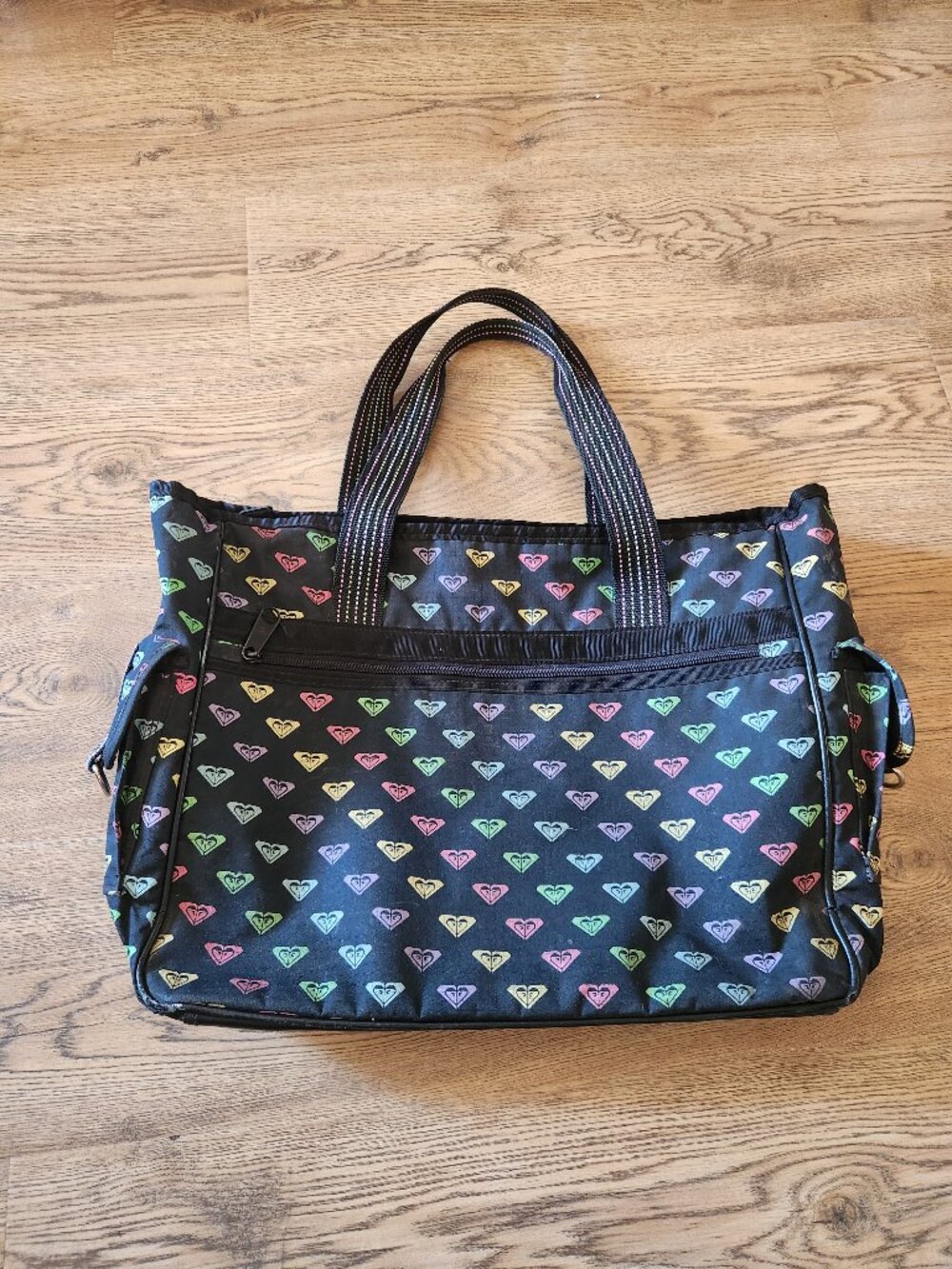 Vintage Y2K Roxy Colorful Heart Logo Print Tote Bag Purse Black